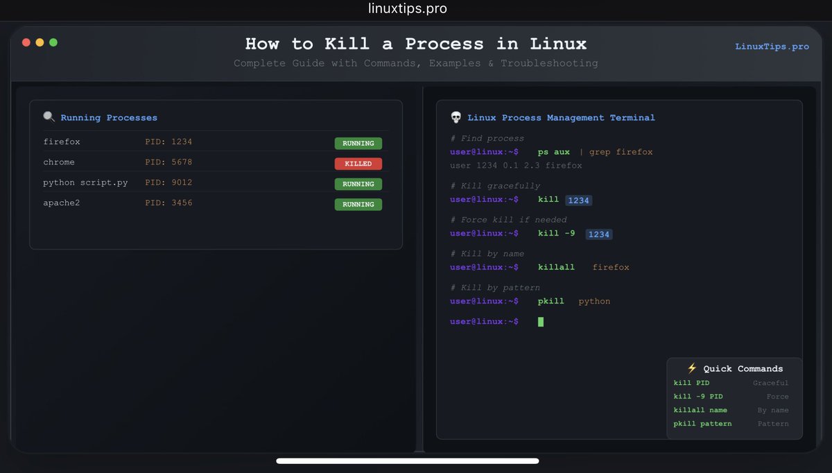 LinuxtipsPro's tweet image. 🐧 Master Linux Process Management!
Essential commands to kill processes:
💡 Pro tip: Always try kill before kill -9 to allow proper cleanup!
Troubleshooting zombie processes? Check our full guide 👇
#Linux #SysAdmin #DevOps #LinuxTips
linuxtips.pro