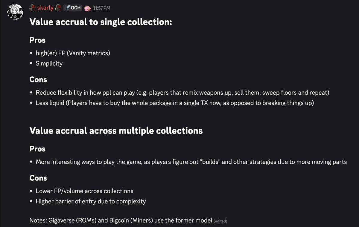 A big internal debate we're having atm is how crypto games should structure NFT collections.

Should value accrue to a single collection vs many collections?

Both have their pros and cons, appealing to different audiences.

Drop your thoughts down below 👇