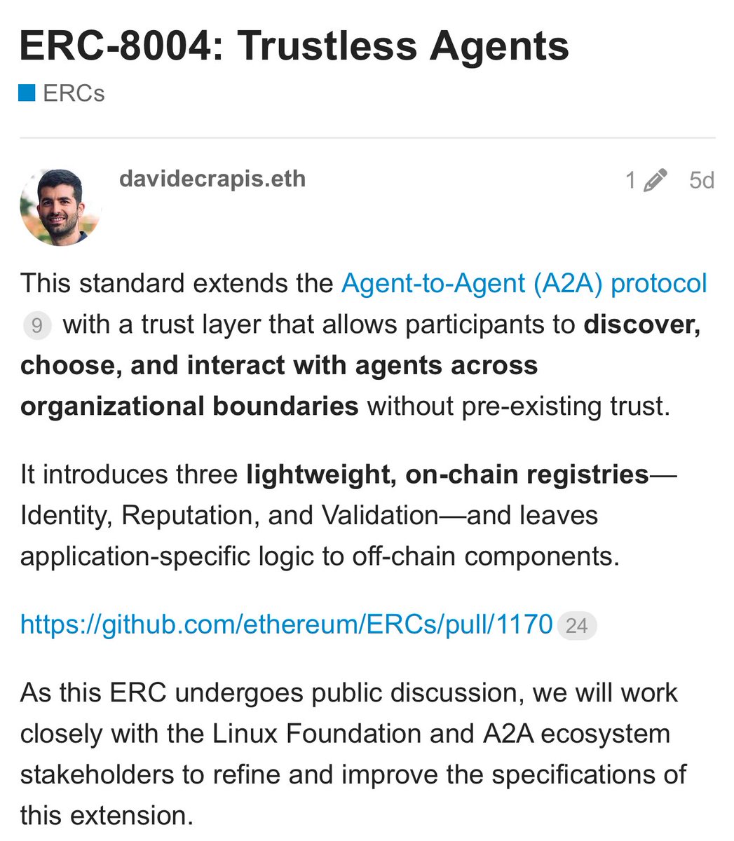 binji (@binji_x) on Twitter photo ethereum is SERIOUSLY gearing up for ai. (erc-8004) by <a href="/DavideCrapis/">Davide Crapis</a> just dropped, it’s called “trustless agents” and here’s what you need to know:
but first:
you can think of ethereum as an important substrate for ai, not necessarily because it can run all the models, but ethereum is SERIOUSLY gearing up for ai. (erc-8004) by <a href="/DavideCrapis/">Davide Crapis</a> just dropped, it’s called “trustless agents” and here’s what you need to know:
but first:
you can think of ethereum as an important substrate for ai, not necessarily because it can run all the models, but