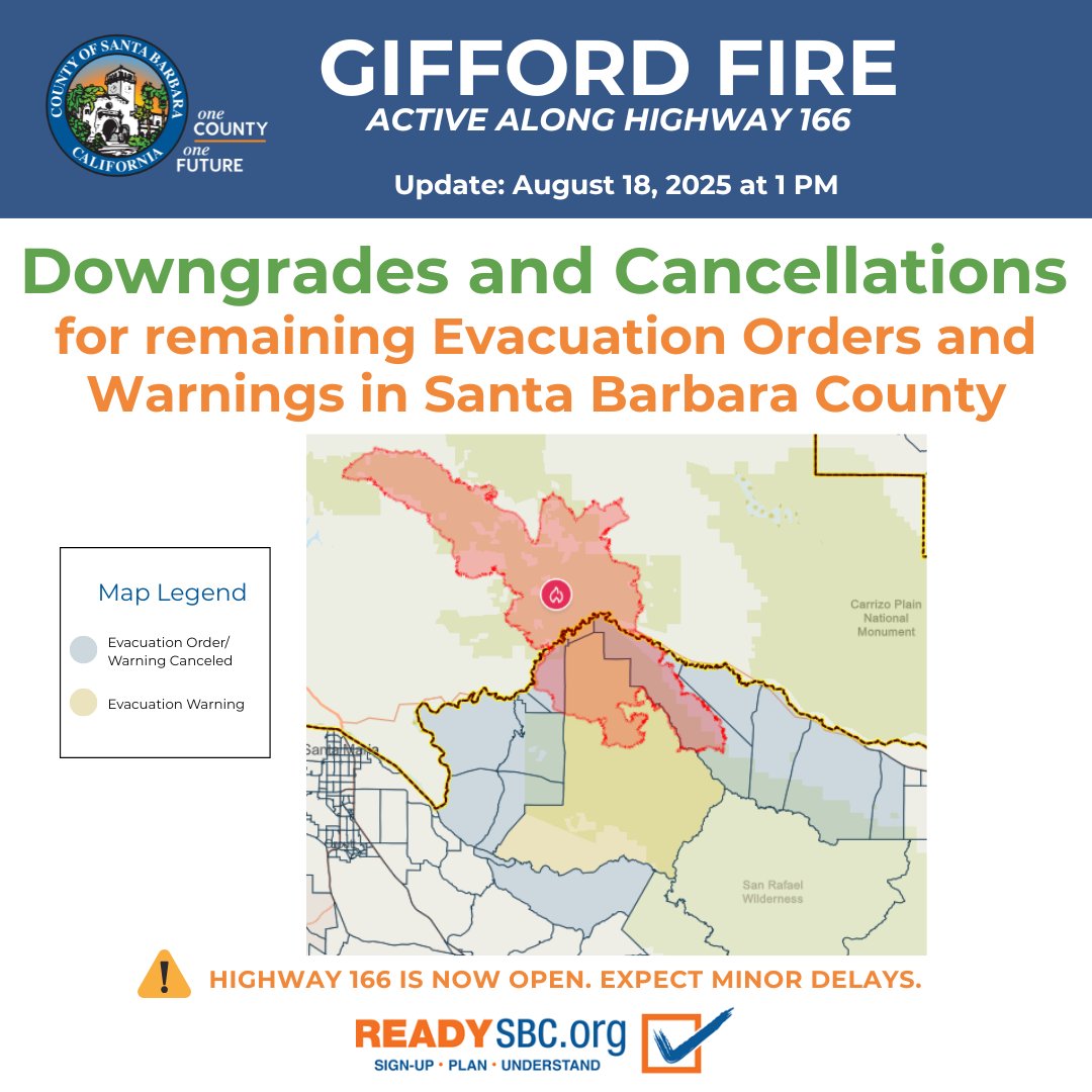 📢#GiffordFire Update for #SantaBarbaraCounty: Downgrades and cancellations for remaining evacuation orders and warnings. 
📍Details at ReadySBC.org/emergency #ReadySBC