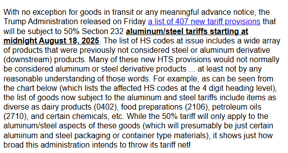On Friday, the Trump administration quietly expanded its steel/aluminum tariffs to cover hundreds of items that aren't aluminum or steel products "by any reasonable understanding of those words" - including dairy products!

Ridiculous stuff.
