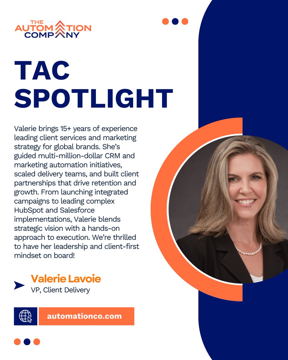 automationcomp's tweet image. 👋 Meet Valerie, our new VP of Client Delivery.
For over 15 years, she has transformed how global brands approach marketing strategy, from building delivery teams that scale to creating client relationships that last.
#TeamSpotlight #ClientExperience #AutomationCo