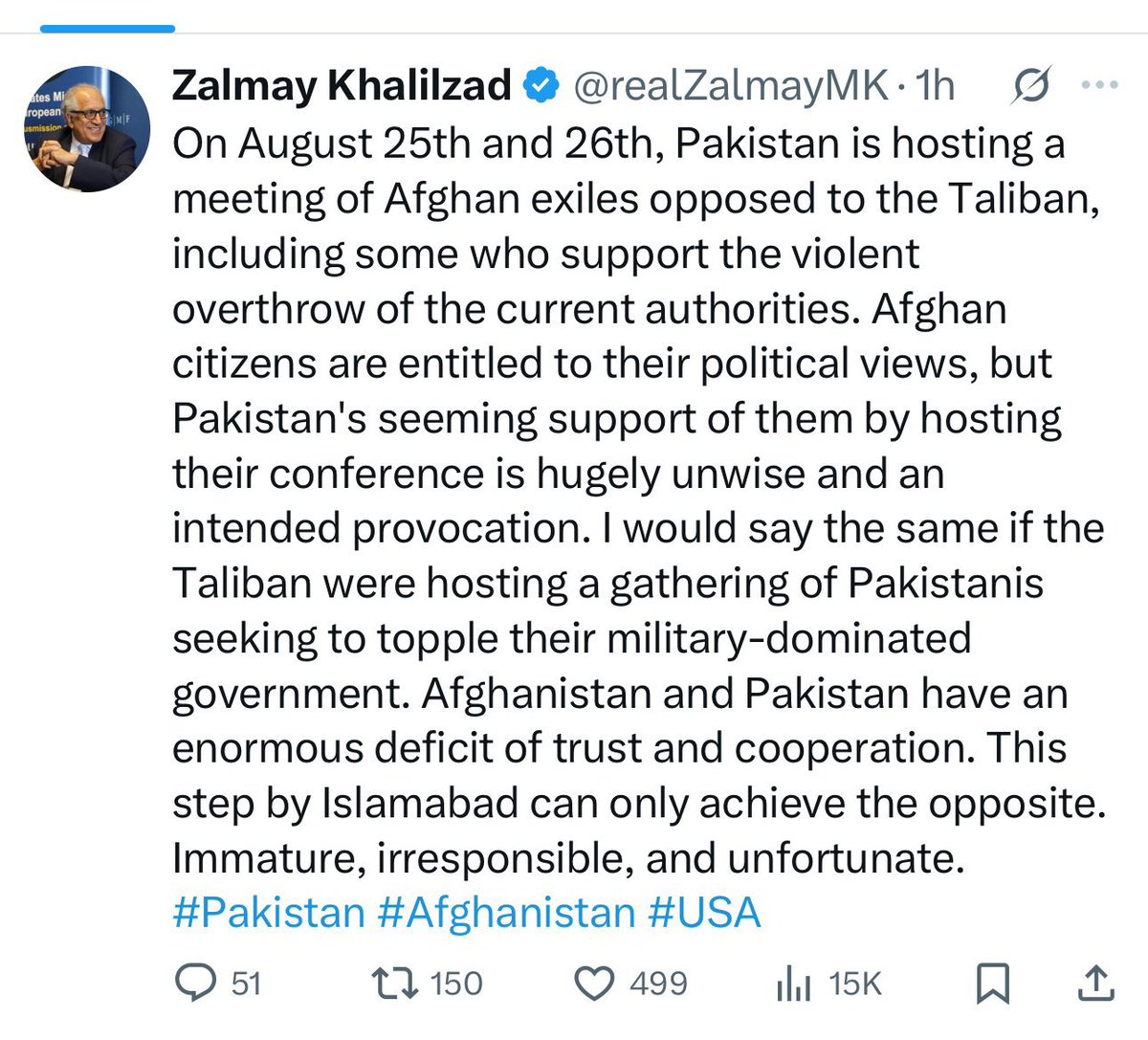 HaroonMuataref's tweet photo. خلیل‌زاد، که خود معمار بازگرداندن طالبان به قدرت و شریک اصلی در فاجعه امروز افغانستان است، اکنون تلاش می‌کند صدای عدالت‌خواهان را خاموش کند. نشست سیاسیون در پاکستان، تلاشی مدنی و مشروع برای نجات کشور از چنگال تروریسم است.
خلیل‌زاد با حمایت‌های پنهان و آشکار از طالبان، مسئول مستقیم خون هزاران افغانستانی است و امروز نیز با نکوهش حرکت‌های سیاسی، سیاه‌رویی تاریخی خویش را عمیق‌تر می‌سازد. تاریخ از یاد نخواهد برد که او طالبان را مشروعیت بخشید و آینده نسل‌ها را قربانی منافع شخصی کرد.

ما برعکس او، این نشست را گامی مثبت برای همبستگی و مقاومت مدنی می‌دانیم. آینده کشور  از مسیر آزادی‌خواهان می‌گذرد نه مزدوران تروریسم.

Khalilzad, the chief architect of bringing the Taliban back to power and a direct partner in today’s Afghanistan tragedy, now tries to silence the voices of justice. The gathering of Afghan exiles and politicians in Pakistan is a legitimate and civil effort to rescue our country from terrorism.
By openly and covertly supporting the Taliban, Khalilzad is directly responsible for the blood of thousands of Afghanistan people , and by denouncing such political initiatives, he only deepens his historic disgrace. History will not forget that he legitimized the Taliban and sacrificed the future of generations for personal interests.

Unlike him, we see this conference as a positive step for solidarity and civil resistance. The future of Afghanistan belongs to freedom seekers, not the agents of terrorism.