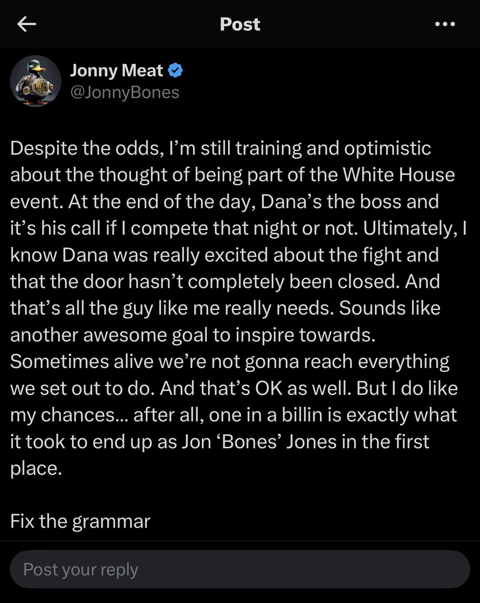 TheMMAlien's tweet photo. Jon just typed this into Twitter and posted it thinking it was ChatGPT 😭

“Fix the grammar” 💀 https://t.co/35CfTaLQlN