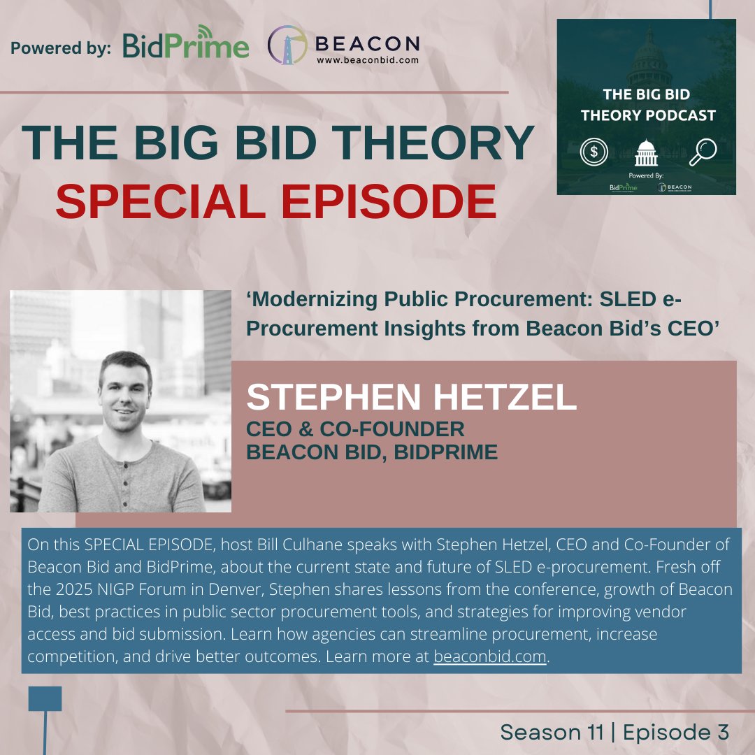 TheBigBidTheory's tweet photo. 🎙️ New episode! Stephen Hetzel (from Beacon Bid + BidPrime) visits to recap NIGP Forum 2025 and more.

Topics:
✅e-Procurement in SLED
✅Supplier engagement
✅Houston’s speedy go-live
✅Tools for efficiency &amp; transparency

▶️ https://t.co/0QdT4a6p8D
🎧 https://t.co/UhKCt8LgV4 https://t.co/aBqXTFMr4P