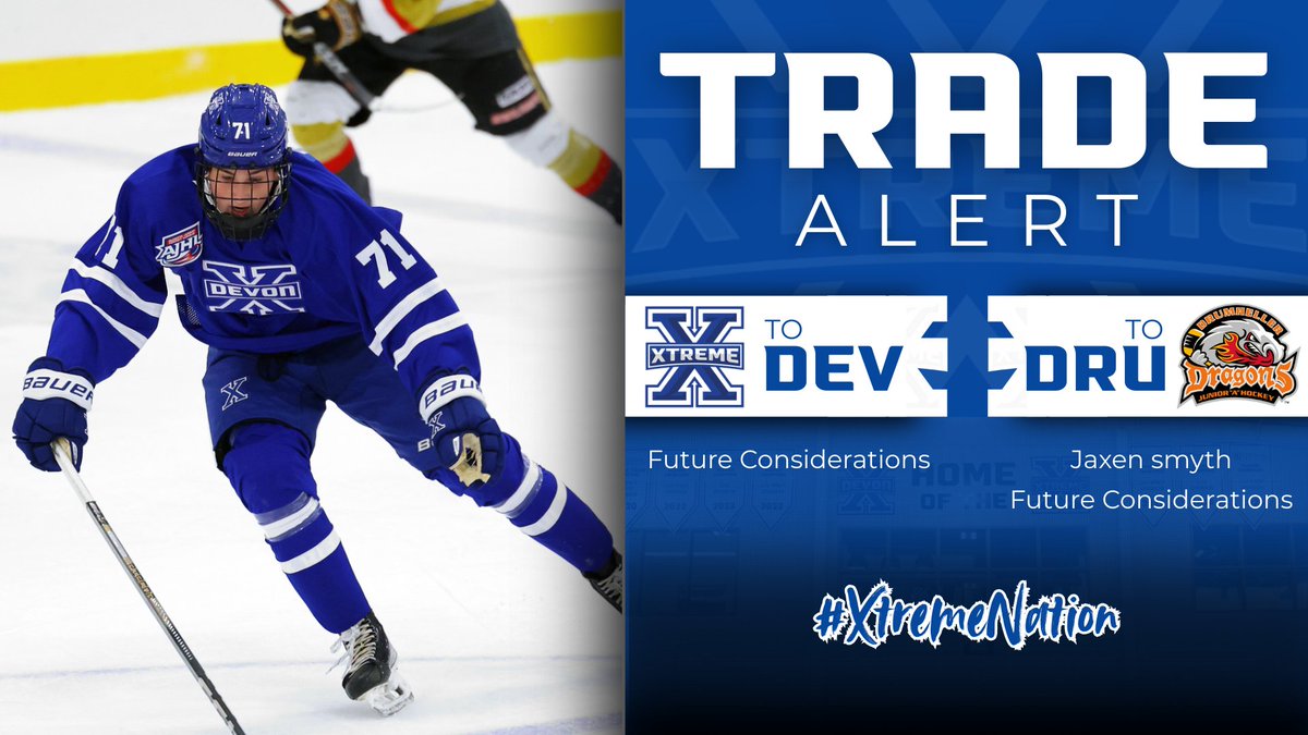 🚨 TRADE ALERT 🚨

The Devon Xtreme have traded Forward Jaxen Smyth &amp; Future Considerations in exchange for Future Considerations from the Drumheller Dragons!

Best of luck in Drumheller, Jaxen!

#devonxtreme | #ajhl