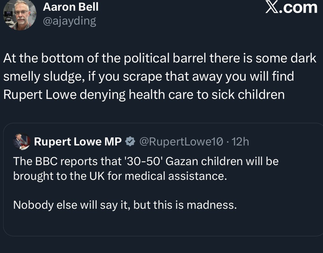 Rupert Lowe MP (@rupertlowe10) on Twitter photo <a href="/ajayding/">Aaron Bell</a> For those who missed it.
You are a consultant at the Evelina London - a specialist NHS children's hospital. I've been hearing a lot about that.
A family friend has a five year old who has been in the NHS for over TWO YEARS trying to get the appropriate treatment on the NHS. <a href="/ajayding/">Aaron Bell</a> For those who missed it.
You are a consultant at the Evelina London - a specialist NHS children's hospital. I've been hearing a lot about that.
A family friend has a five year old who has been in the NHS for over TWO YEARS trying to get the appropriate treatment on the NHS.