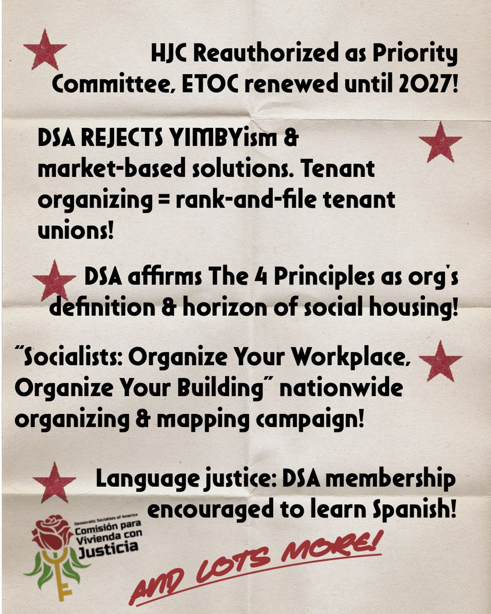 dsa_housing's tweet image. Another DSA convention, the biggest one yet, is in the books and this year our HJC resolution passed by consensus! Here’s the TLDR of the full resolution:
