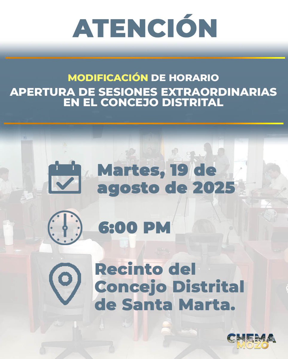 🎙️La apertura de Sesiones Extraordinarias tendrá inicio a partir de las 6:00 PM en el recinto del Concejo | Martes 19 de agosto. #Palantecaminante
<a href="/SantaMartaDTCH/">Alcaldía de Santa Marta</a>
