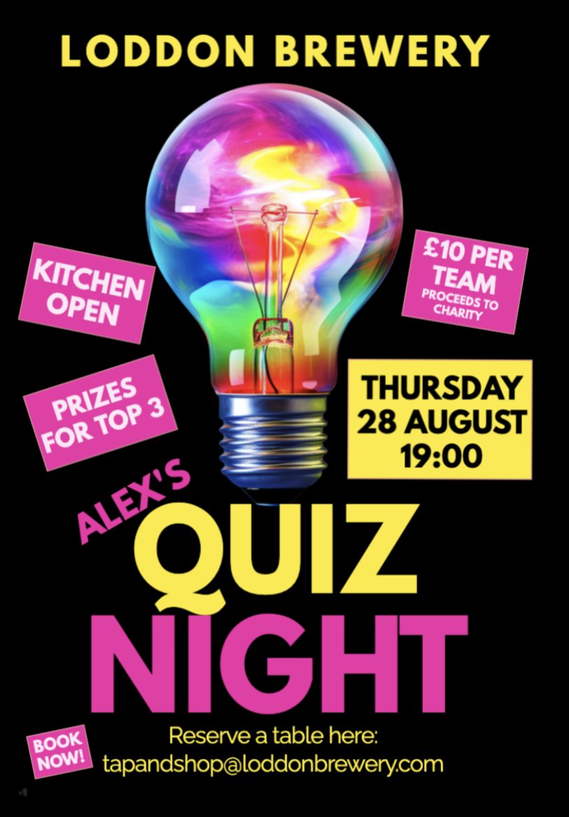 My quiz returns to <a href="/Loddonbrewery/">Loddon Brewery</a> on Thursday 28th August. £10 per team - proceeds to <a href="/RoyalBerksChar/">@RoyalBerksCharity</a>. Starts at 7pm. Prizes to be won!