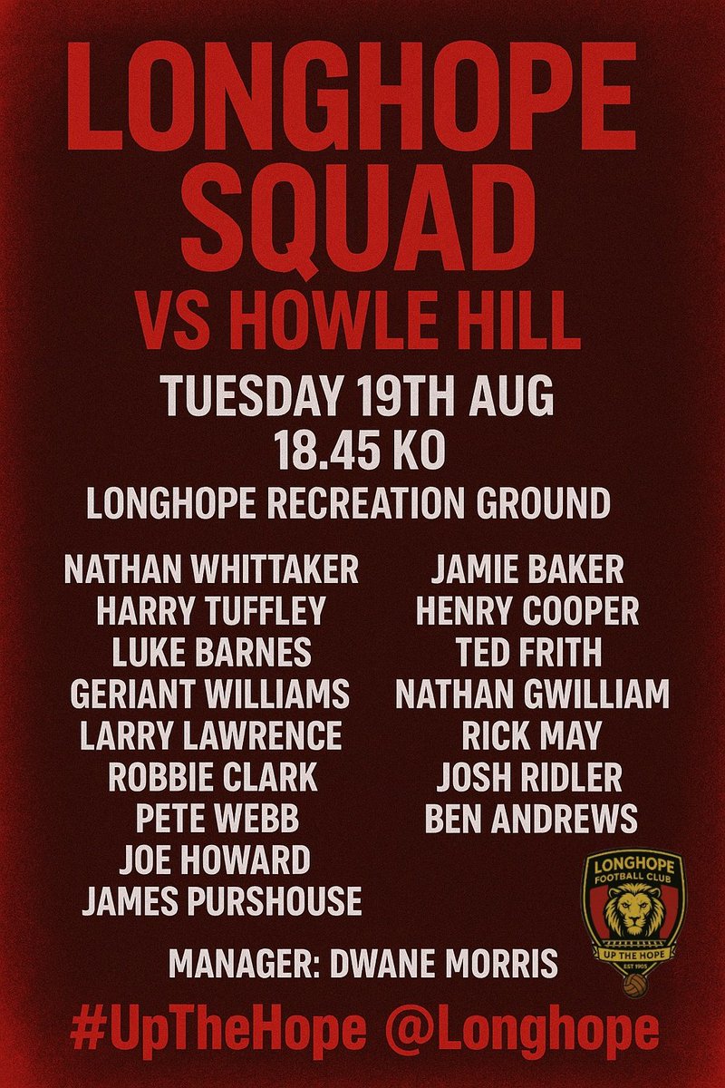 Longhope Football Club (@longhopefc) on Twitter photo Tomorrow:
Longhope F.C vs Howle Hill
π Longhope Recreation Ground
β°οΈ 6.45 KO
π» Bar Open
Sponsors:
The Meat Hut
MSB Steel Ltd
<a href="/SevernSport/">Severn Sport</a>
Puffelly Takeaway
The Yew Tree at Longhope
RJM Construction LTD-Paving Specialist
Broom Hill Retreat
Layers
#UpTheHope Tomorrow:
Longhope F.C vs Howle Hill
π Longhope Recreation Ground
β°οΈ 6.45 KO
π» Bar Open
Sponsors:
The Meat Hut
MSB Steel Ltd
<a href="/SevernSport/">Severn Sport</a>
Puffelly Takeaway
The Yew Tree at Longhope
RJM Construction LTD-Paving Specialist
Broom Hill Retreat
Layers
#UpTheHope