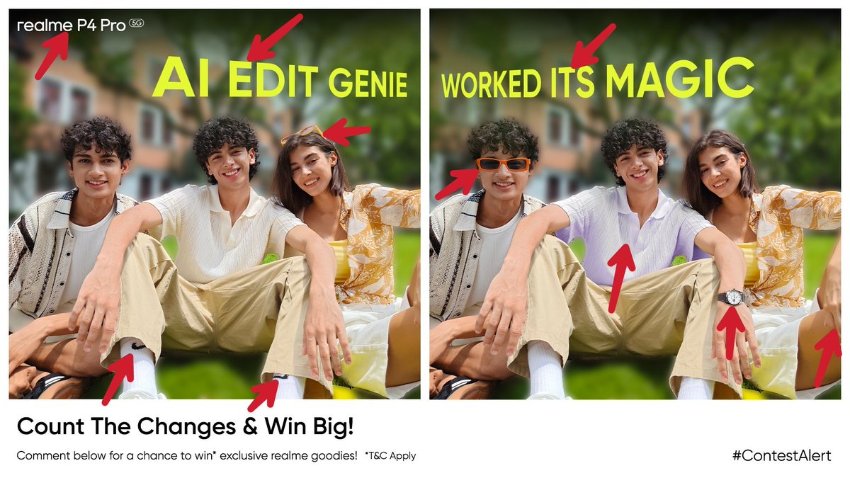 Bhuvan (@bhuvan_rj46) on Twitter photo <a href="/FrancisRealme/">Francis Wong (王硕)</a> 🙌 I spotted :-
1. Background Blur Enhanced
2. Girl's Sunglasses removed
3. Boy's Sunglasses added
4. Watermark missing
5. No Logo on shocks
6. Girl's left hand more in frame
7. Boy's left hand less in frame
8. Yellow Text Changed
9. Tshirt color change
10. Watch on hand <a href="/FrancisRealme/">Francis Wong (王硕)</a> 🙌 I spotted :-
1. Background Blur Enhanced
2. Girl's Sunglasses removed
3. Boy's Sunglasses added
4. Watermark missing
5. No Logo on shocks
6. Girl's left hand more in frame
7. Boy's left hand less in frame
8. Yellow Text Changed
9. Tshirt color change
10. Watch on hand