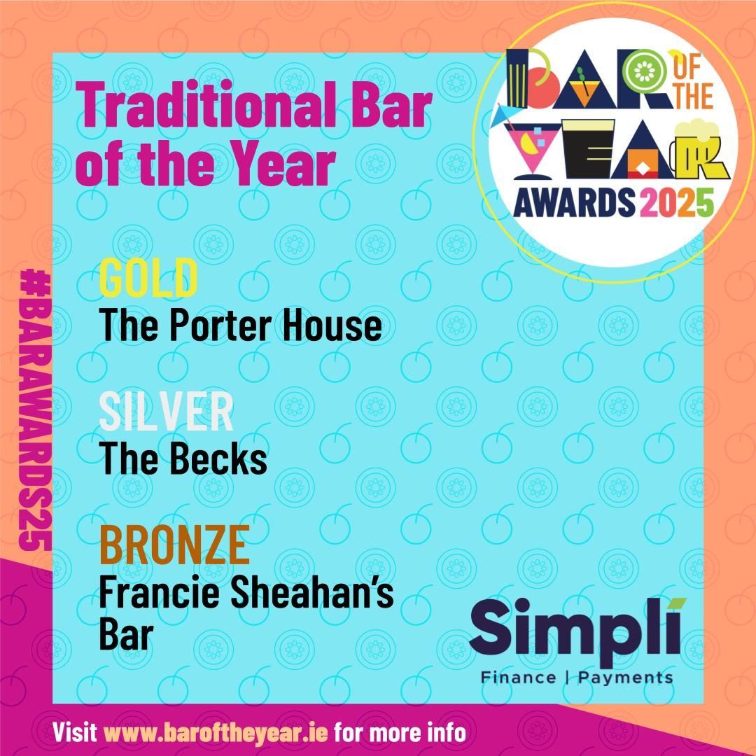 BarOfTheYear's tweet photo. Congrats to our Traditional Bar of the Year category winners, sponsored by Simpli Finance!

Gold: The Porter House

Silver: The Becks
@THEBECKS_

Bronze: Francie Sheahan’s Bar

For full list of winners, click here  
https://t.co/T0IIDpD2jD

#BARAWARDS25 https://t.co/zOOLhwlu3p
