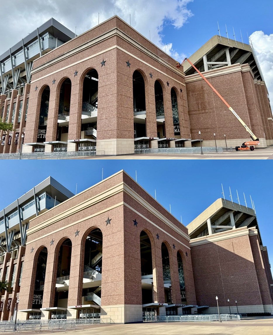 Gave Kyle Field a nice soft wash before the season starts on the exterior sandstone facade around the stadium. Take a look at the before and after photos of Entry 8 and the NE Activation Tower! #FacOps