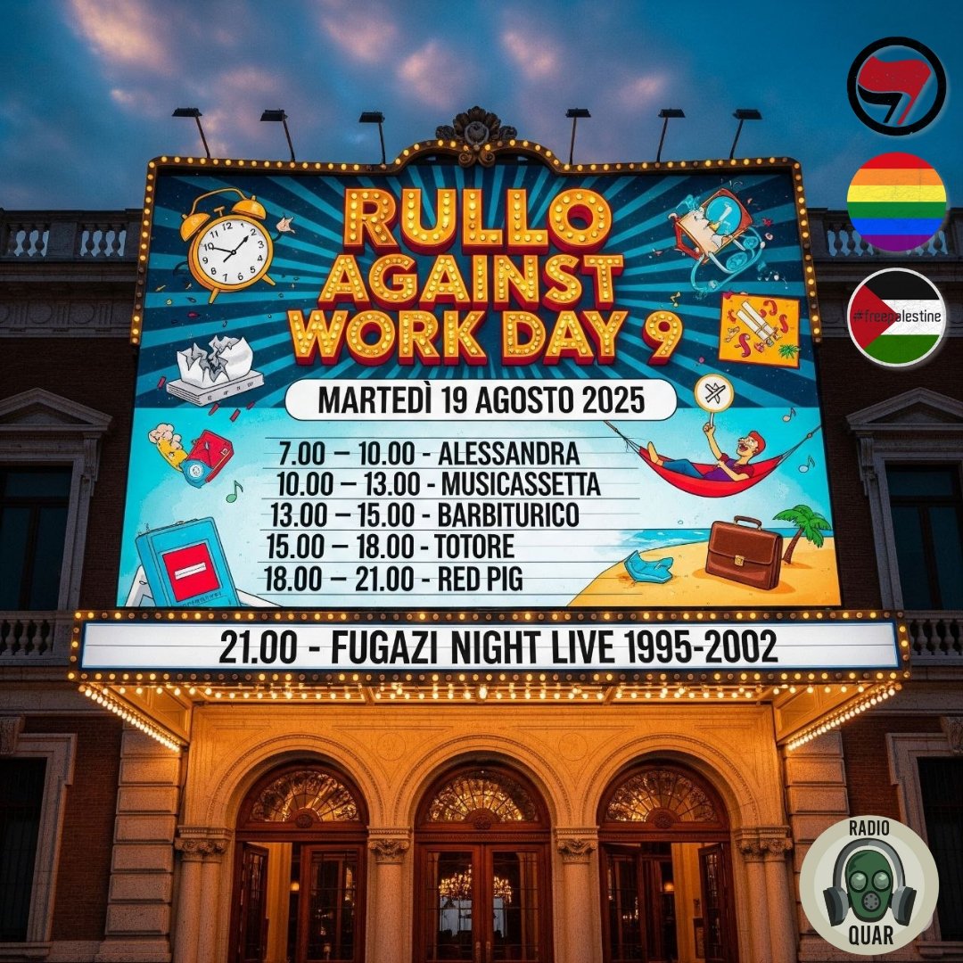 Programma Martedì 19 agosto
Domani ancora rulli per farvi compagnia e per stare insieme tutto il giorno.
Dalle 7.00 fino a sera ci sono le selezioni di Alessandra <a href="/musicassetta/">[•=•]</a> Barbiturico <a href="/SalvatoreC1970/">LA LOTA DEL SUD</a> <a href="/Fruscio1968/">Wakeuprealityishere</a> e poi due ore con una selezione live dei Fugazi.
Buon ascolto