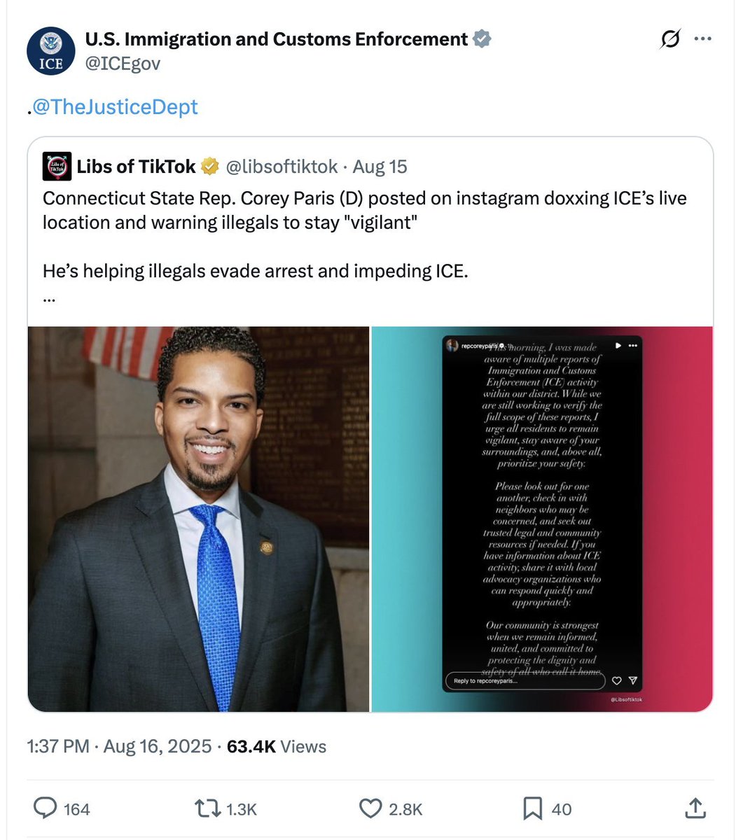 ChrisMurphyCT's tweet photo. Let's be clear - Corey Paris did nothing wrong. Nothing illegal. Explaining what the government is doing is not a crime in America. 

This post from @ICEgov is dime store totalitarian intimidation. Nobody should fall for it. https://t.co/ztxgArG54g