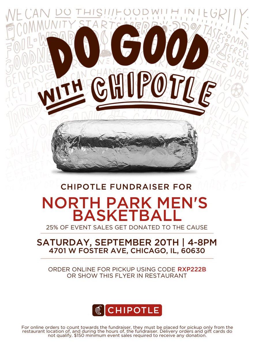 NPU MBB Chipotle event.

🗓️ Saturday, September 20th 4-8 PM.
📍4701 W Foster Ave, Chicago, IL 60630
🔗socialportal.chipotle.com/fundraiser/soc…
Code: RXP222B

#GoVikes🔵🏀🟡