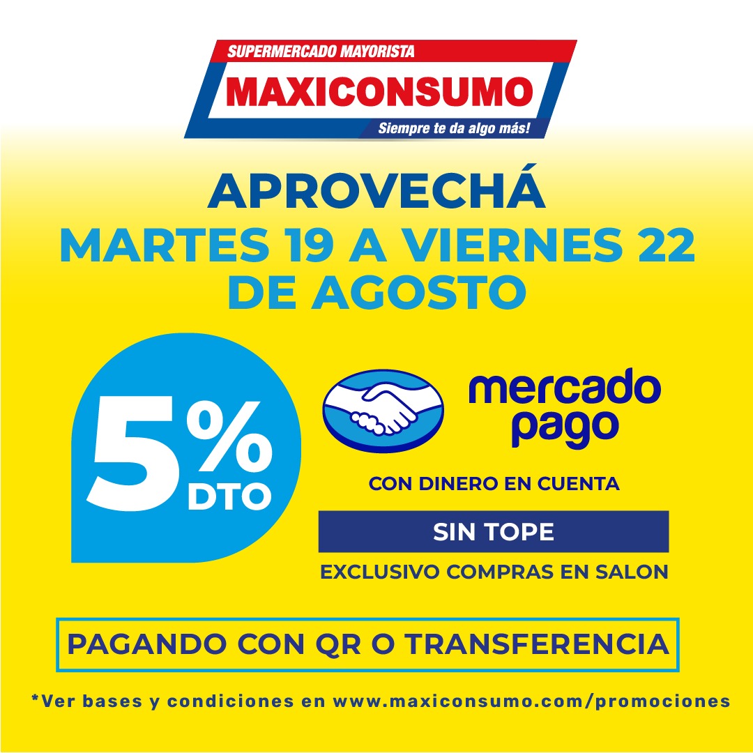 En MAXICONSUMO redoblamos los esfuerzos por eso este Martes, Miércoles, Jueves  y Viernes 5% de descuento en Mercado Pago sin tope de reintegro, pagando con QR ó Transferencia.  En MAXICONSUMO encontrás el Precio Justo y seguiremos con más Baterías de Beneficios!!