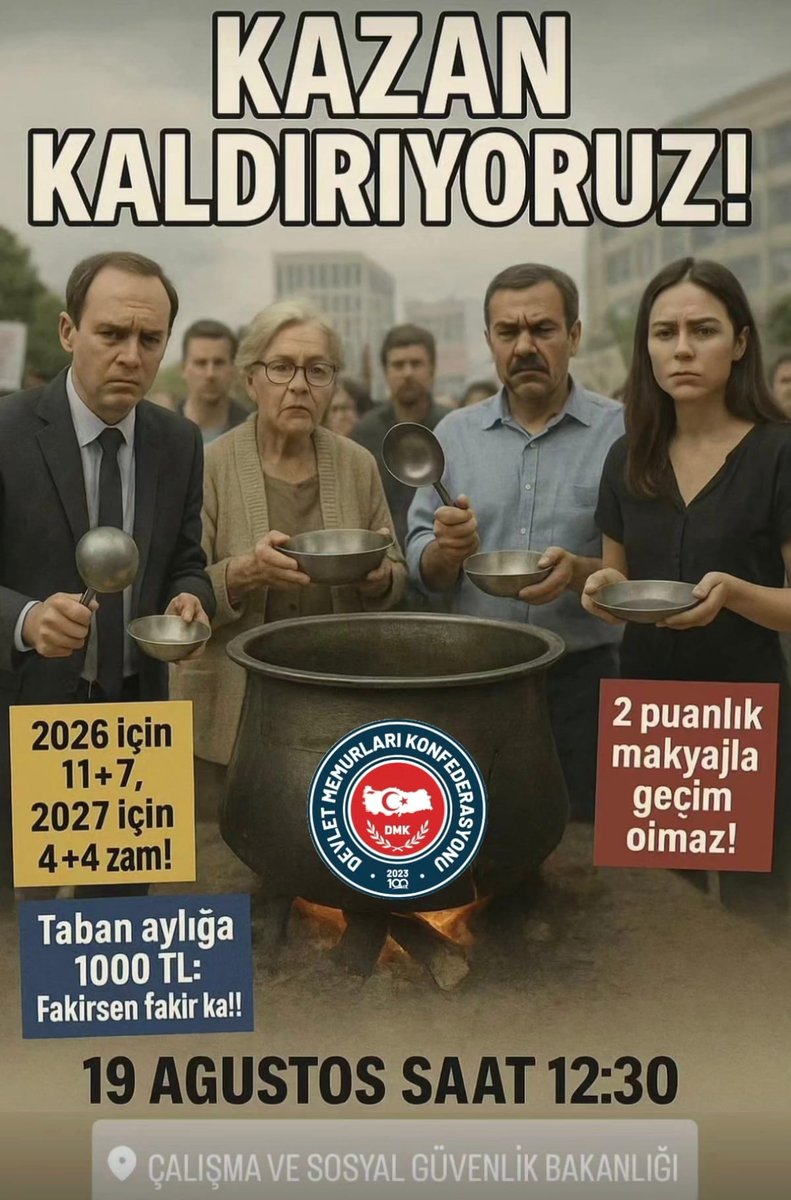 Devlet Memurları Konfederasyonu ve paydaş sendikaları olarak, kamu çalışanlarının haklarını savunmak için 19 Ağustos Salı günü saat 12.30’da Çalışma ve Sosyal Güvenlik Bakanlığı önünde basın açıklaması gerçekleştiriyoruz.

Alın terimizin karşılığı için vereceğimiz bu haklı