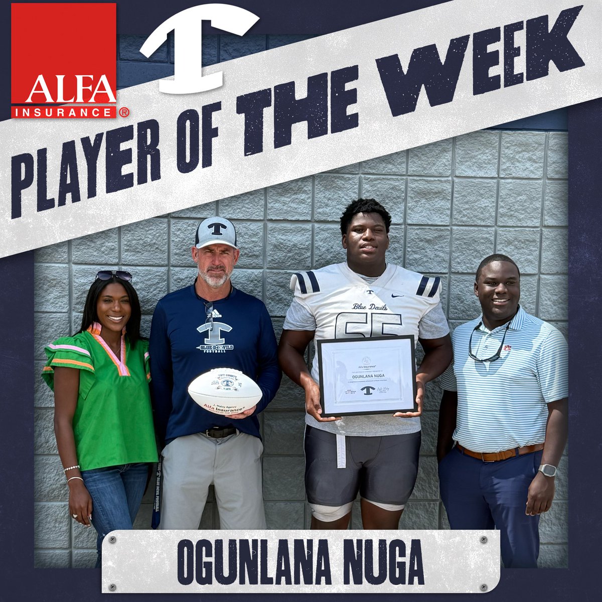 🏈💪 Alfa Insurance Tift County Blue Devil Player of the Week goes to Offensive Tackle Ogunlana Nuga!

Congrats on the recognition for your hard work and domination in the trenches! Keep leading the way up front, Big Blue! 🔵⚪️

#GoBigBlue #TiftCountyFootball #BlueDevilPride