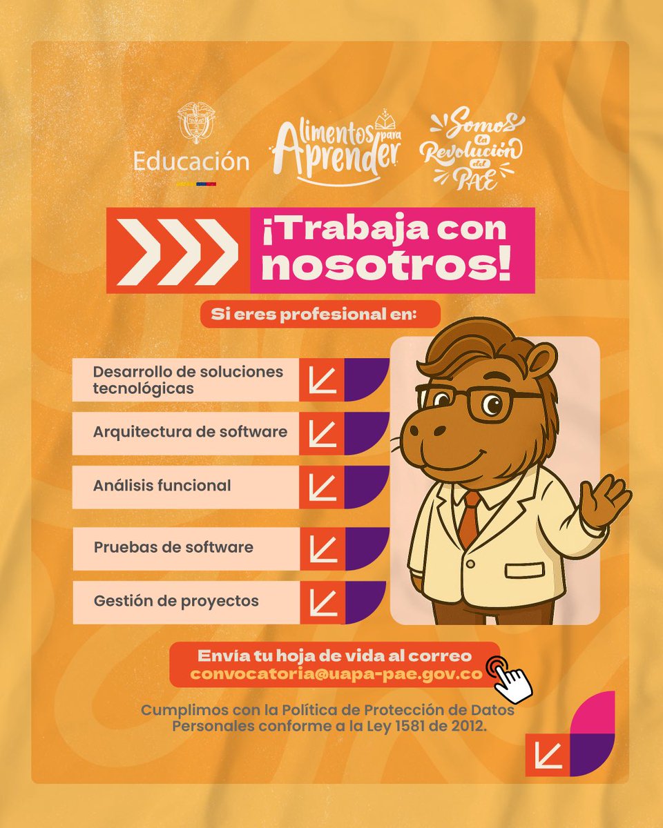 PAE Colombia UApA (@paecolombiaof) on Twitter photo ¿Quieres ser parte de la revolución del PAE? 😎
Si eres profesional en desarrollo tecnológico, software o gestión de proyectos, ¡esta es tu oportunidad! 🤓
Envía tu hoja de vida en PDF a convocatoria@uapa-pae.gov.co y súmate a la revolución del PAE. 🩷🩷 ¿Quieres ser parte de la revolución del PAE? 😎
Si eres profesional en desarrollo tecnológico, software o gestión de proyectos, ¡esta es tu oportunidad! 🤓
Envía tu hoja de vida en PDF a convocatoria@uapa-pae.gov.co y súmate a la revolución del PAE. 🩷🩷