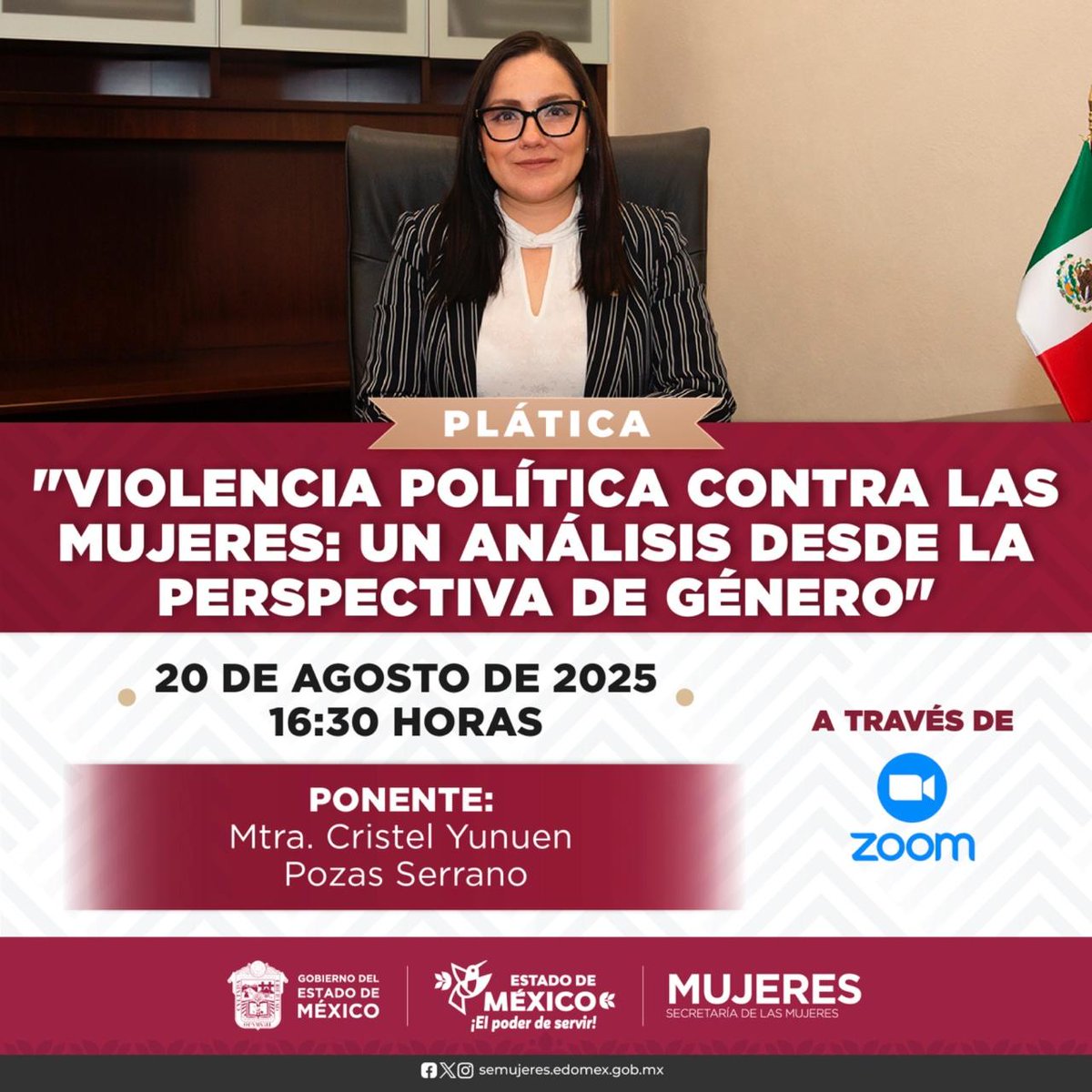 Te esperamos en la Platica Virtual "Violencia política contra las mujeres: Un análisis desde la perspectiva de género" impartida por la Mtra. Cristel Yunuen Pozas, consejera de la judicatura del <a href="/PJEdomex/">Poder Judicial Edomex</a>.

🗓️   20 de agosto, 16:30 h.
📌   Vía Zoom
 
Link: zoom.us/j/97543088537?…