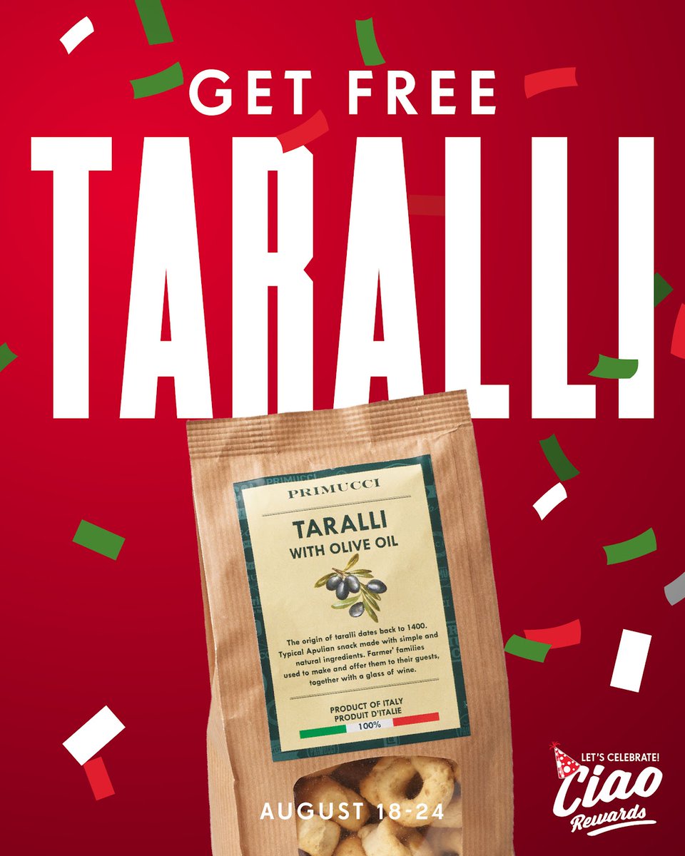 From August 18th to 24th, enjoy some Primucci Taralli with every purchase of $40+ on our app. 📲

Start earning Ciao Rewards today and don't miss out! ✅
---

Offer is valid in app only. Customers must spend $40 before tax/delivery. 1 offer per customer.