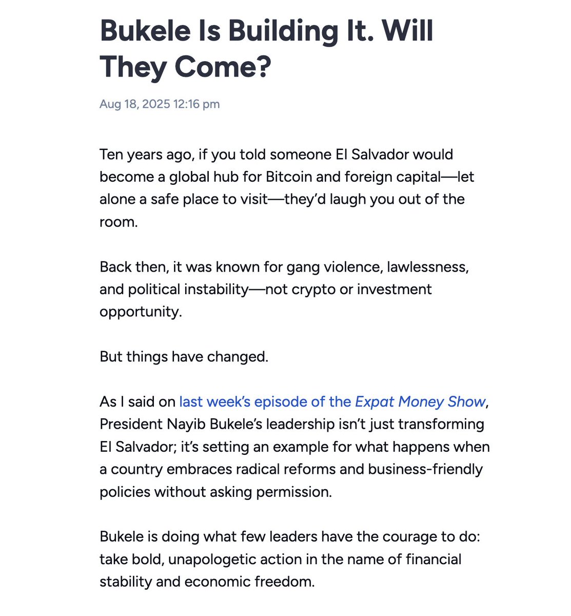 The latest newsletter from The Expat Money Show just landed. 

The bulletin to HNWIs highlights Bukele's leadership style, emphasizing his approach to building the future he envisions without first asking permission.

Economic liberty ftw 🙌