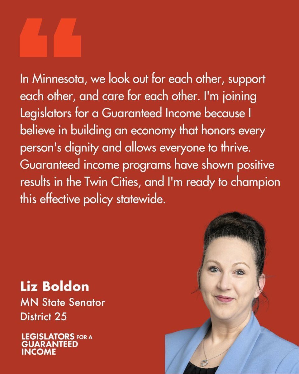 Since launching in April, Legislators for a Guaranteed Income has already grown! We’re excited to have MN State Senator Liz Boldon part of our coalition of state lawmakers advocating for direct cash policies on the state level 👏

Learn more about LGI at LegislatorsForAGI.org