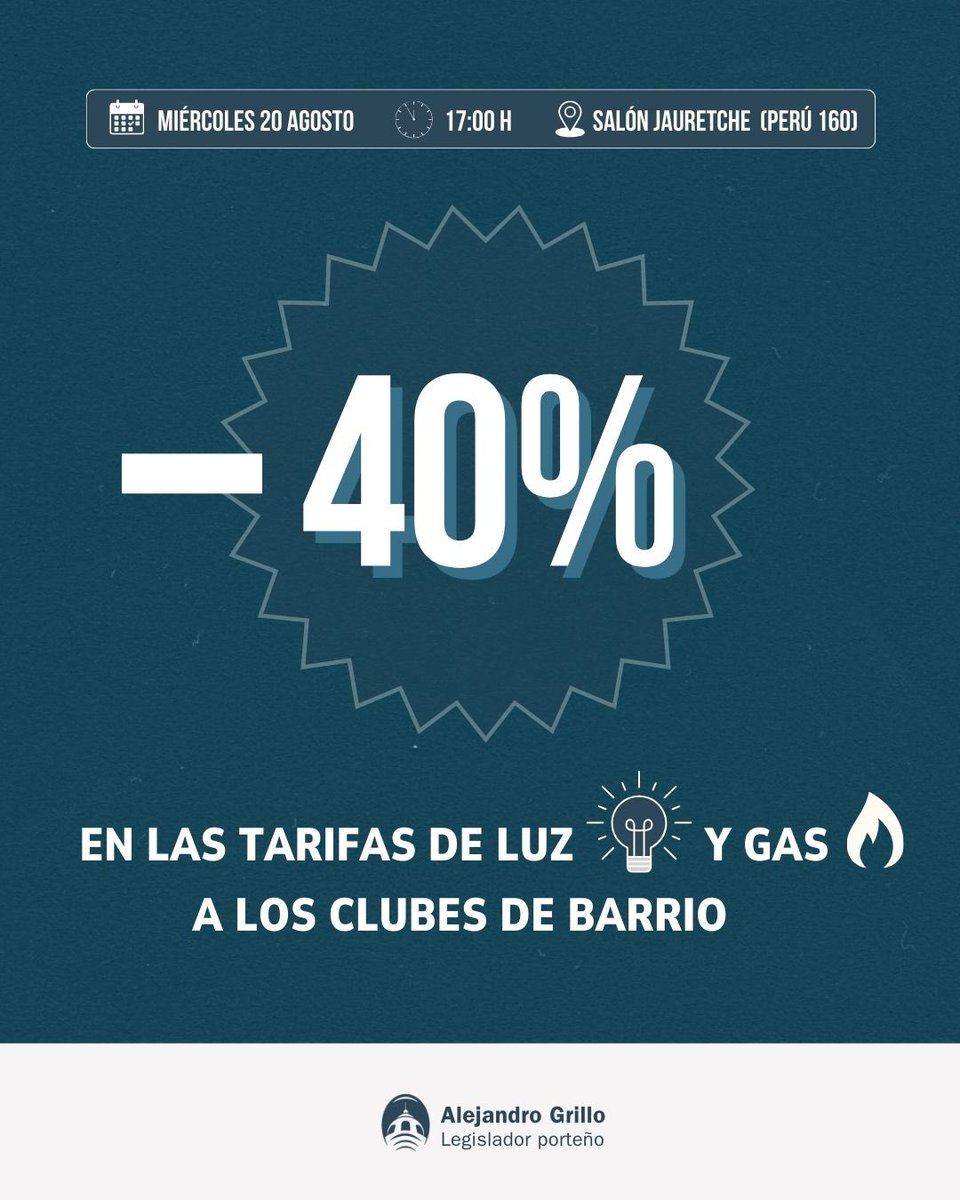 ⚽️ Este miércoles presentamos en la Legislatura el proyecto de Ley de Reintegro del 40% en luz y gas para los clubes de barrio inscriptos en el RUID.

🗓 20/8 – 17 h
📍 Salón Jauretche, Perú 160