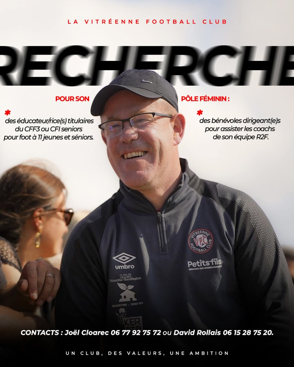 [Pôle Féminin VFC]

⚠️ Wanted ⚠️
Si vous êtes disponible, motivé et intéressé par le projet de la <a href="/vitreennefoot/">Vitréenne Football Club</a> 
Venez nous rejoindre 🤗

<a href="/LBFoff/">Ligue de Bretagne de Football</a>