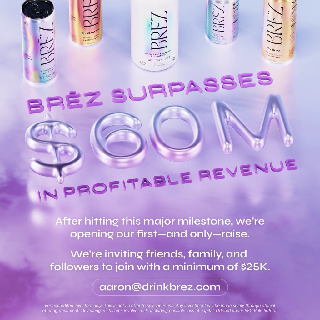 🚀 @DrinkBREZ Surpasses $60M in Profitable Revenue

We’ve already opened our $25M raise (closing Oct. 1st). Today we’re opening the first and only friends &amp; family allocation.

This will fill quickly: over 100 individuals have already reached out to be involved.

• $25K minimum