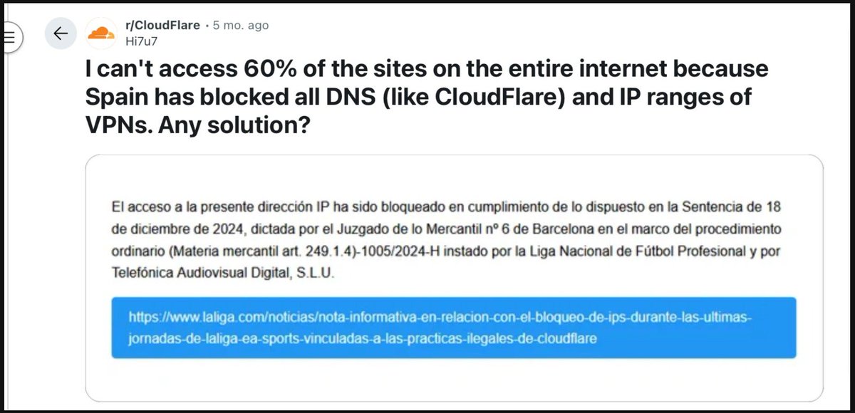 acompañame en esta triste historia:

acto 1: Cliente se queja de que no le anda kaption
acto 2: te das cuenta que cloudflare está bloqueando IPs de VPS 
acto 3: Te enterás que el cliente está en españa y está siendo bloqueado el acceso por LaLiga

QEPD querida españa