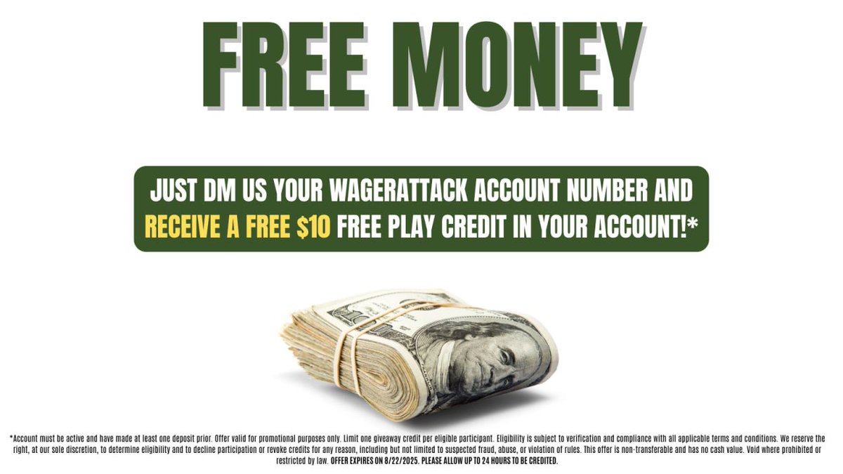 wagerattack's tweet photo. Have an account with WagerAttack? Made a deposit before? DM your account number for a free $10 Freeplay credit! (Please allow up to 24hr for the credit to apply)
#wagerattack #sportsbook https://t.co/nFoPnOEtLP