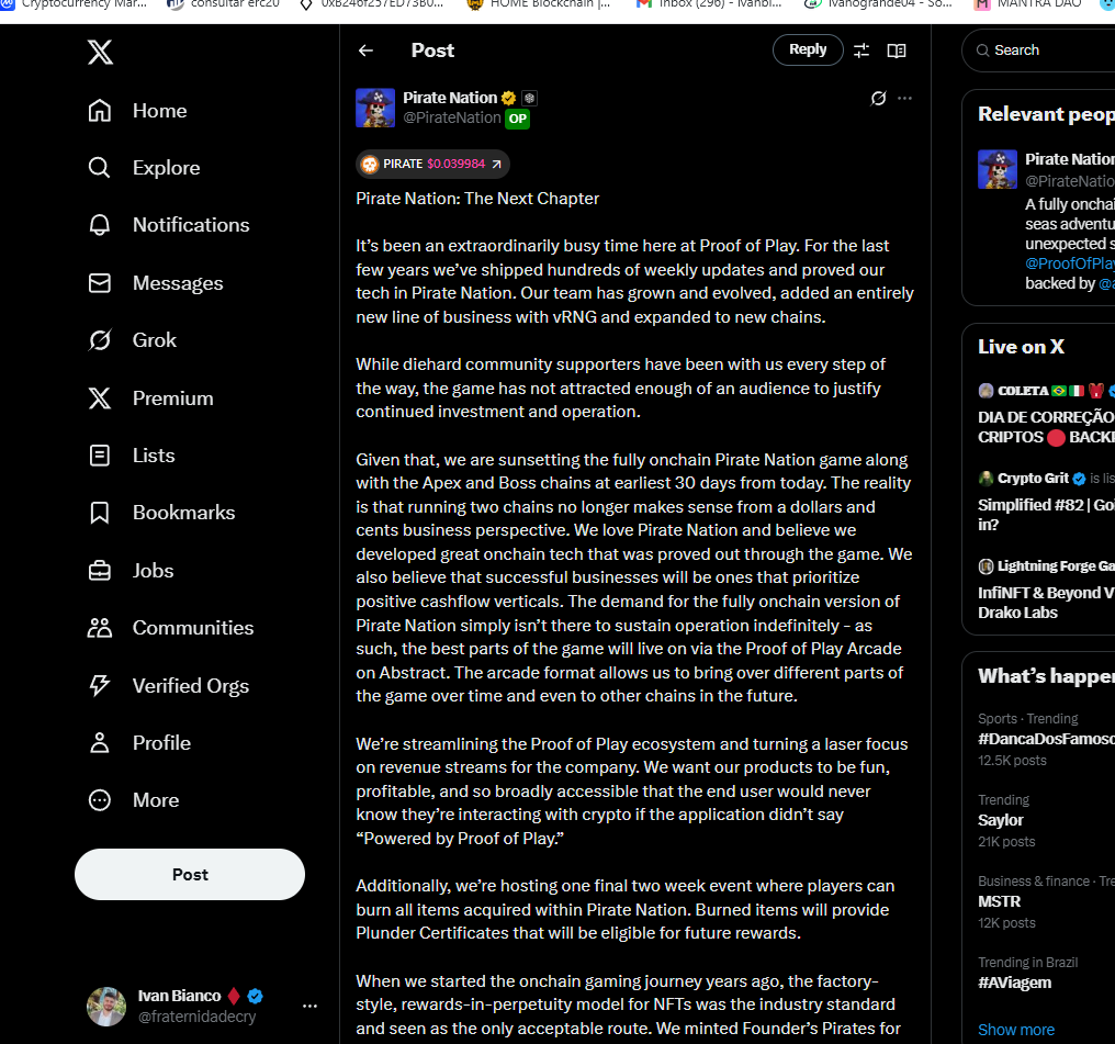 Ivan Bianco ♦️ (@fraternidadecry) on Twitter photo <a href="/PirateNation/">Pirate Nation</a> SHUTDOWN 🚨🚨
After a confusing and nonsensical text, I’m already considering this game dead. Now someone tell me, how does a game that received millions in funding and has two Layer 2 networks fail so quickly? Well, I know the answer: the developers spend money <a href="/PirateNation/">Pirate Nation</a> SHUTDOWN 🚨🚨
After a confusing and nonsensical text, I’m already considering this game dead. Now someone tell me, how does a game that received millions in funding and has two Layer 2 networks fail so quickly? Well, I know the answer: the developers spend money