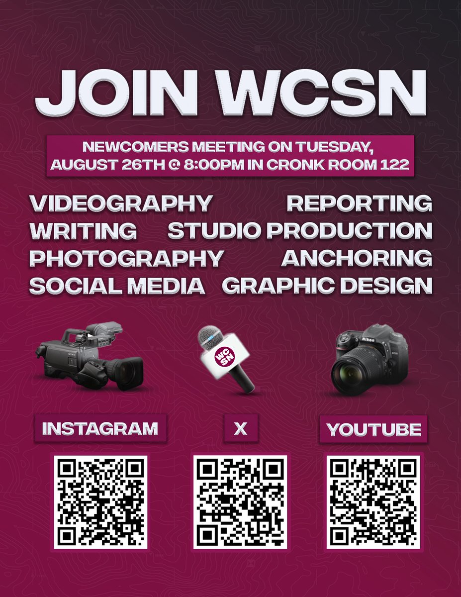 Cronkite Sports (@cronkitesports) on Twitter photo CALLING ALL ASPIRING JOURNALISTS.... 🎤🎥
We are hosting a newcomers meeting NEXT TUESDAY the 26th for all those who are interested in the various opportunities here at WCSN! Come meet us and learn about upgrading your skills 🖥️📸 CALLING ALL ASPIRING JOURNALISTS.... 🎤🎥
We are hosting a newcomers meeting NEXT TUESDAY the 26th for all those who are interested in the various opportunities here at WCSN! Come meet us and learn about upgrading your skills 🖥️📸