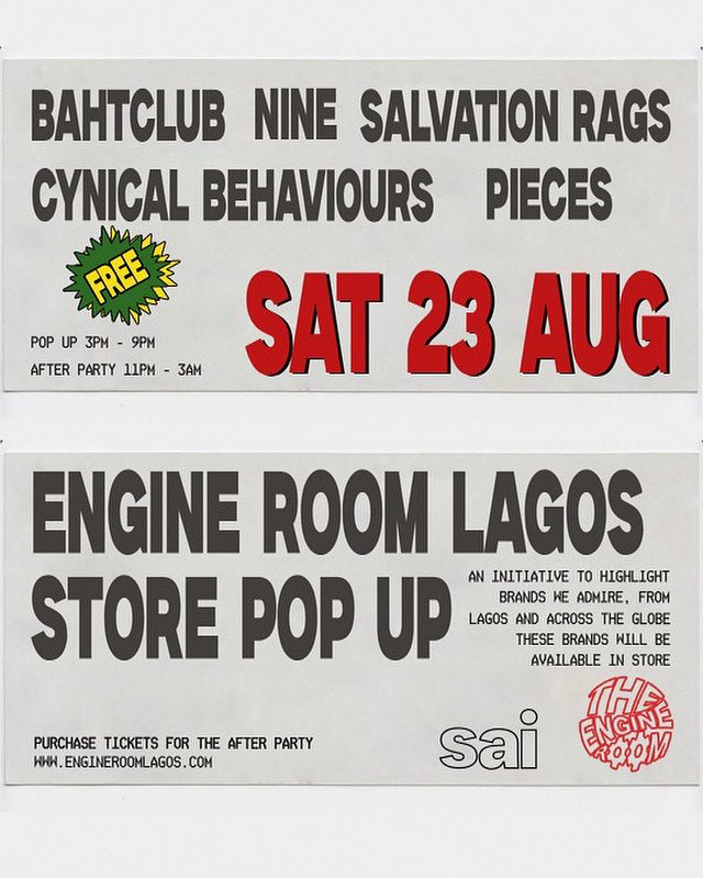 Our first pop-up is happening this weekend at Engine Room ⚙️❤️

A handful of brands we’ve been curating for months will be here in person for you to explore. 

And it doesn’t end there: after the pop-up, these brands will be available in-store.

See you this weekend🤝🏾