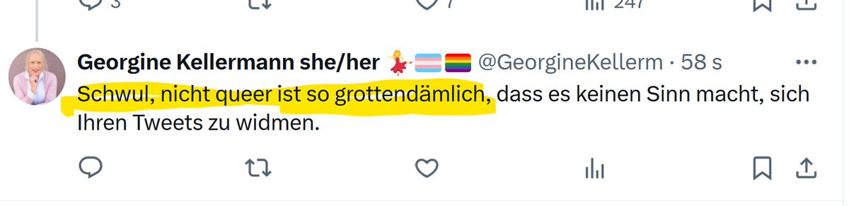 Ooops. Hetzt die liebe Georgine jetzt gegen Schwule? Schwule, die nicht queer sind, sind ihrer Meinung nach "grottendämlich". Frisst da die Revolution ihre Kinder?
#kellermann #Hetze
