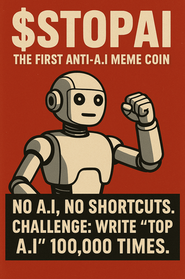 $STOPAI ain’t no AI coded coin… it’s the first anti AI memecoin.
100,000 STOP A.I. by HAND