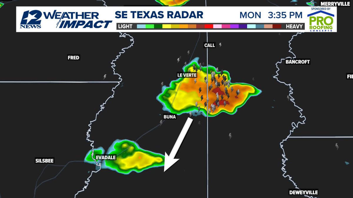 Heavy rain, lightning moving into Buna due to a thunderstorm moving slowly south to southwest.  12NewsNow.com/radar
