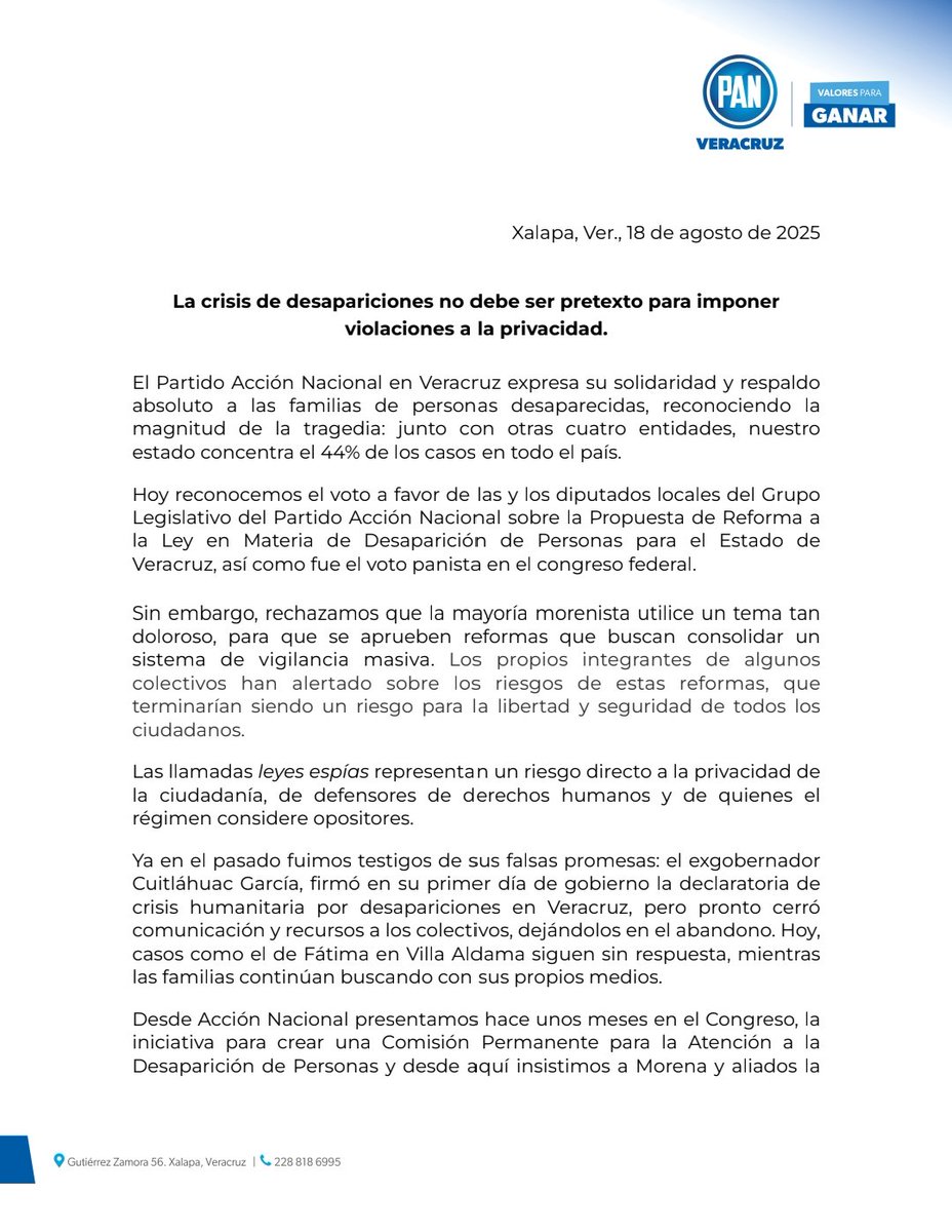 VeracruzPAN's tweet photo. La crisis de desapariciones no debe ser pretexto para imponer violaciones  a la privacidad. https://t.co/UFYjHYghU9
