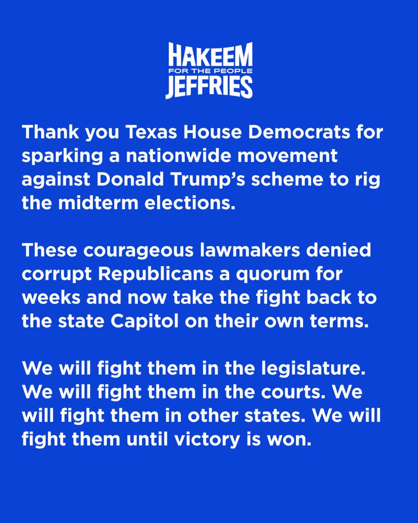 Hakeem Jeffries (@hakeemjeffries) on Twitter photo My statement on the courageous leadership shown by <a href="/TexasHDC/">Texas House Democrats</a> on behalf of the country. My statement on the courageous leadership shown by <a href="/TexasHDC/">Texas House Democrats</a> on behalf of the country.