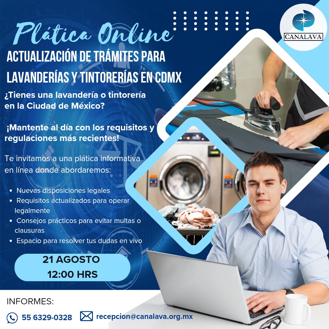 CANALAVA's tweet image. Atención propietarios de #Lavanderías y #tintorerías en #CDMX 🏪🫧‼️‼️⬆️

Te invitamos a una plática informativa sobre la actualizacion de trámites y requisitos oficiales para operar legalmente en la Ciudad de México 💡💻📢 @CANALAVA