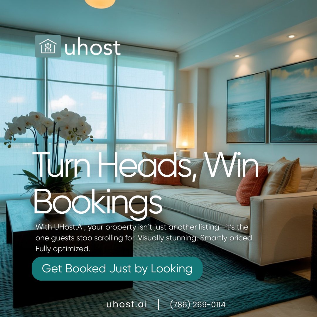 Uhost_ai's tweet image. ✨ Guests decide in seconds. UHost. AI transforms your listing with stunning visuals, smart flow, &amp;amp; optimized pricing to boost bookings fast. 🔑 Let your property shine.
#UhostAI #AirbnbSuccess #RentalVisibility #ScrollStoppingListings #PropertyMarketing #AIEnhancedListings