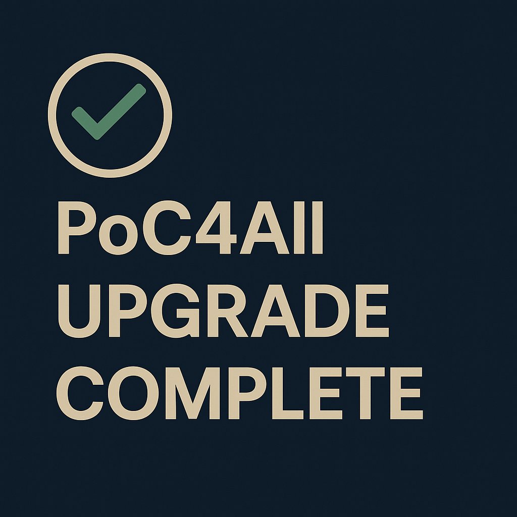 ✅ Maintenance complete — PoC4All is live! 🎉

🚨 Action required:

- Mini PC miners/nodes → Uninstall old software &amp; update from our site.
- All miners → Must now be linked via the Fry dashboard (⚙️ gear icon). Legacy multi-portals are retired.

🔗 Linking requirements: 

-