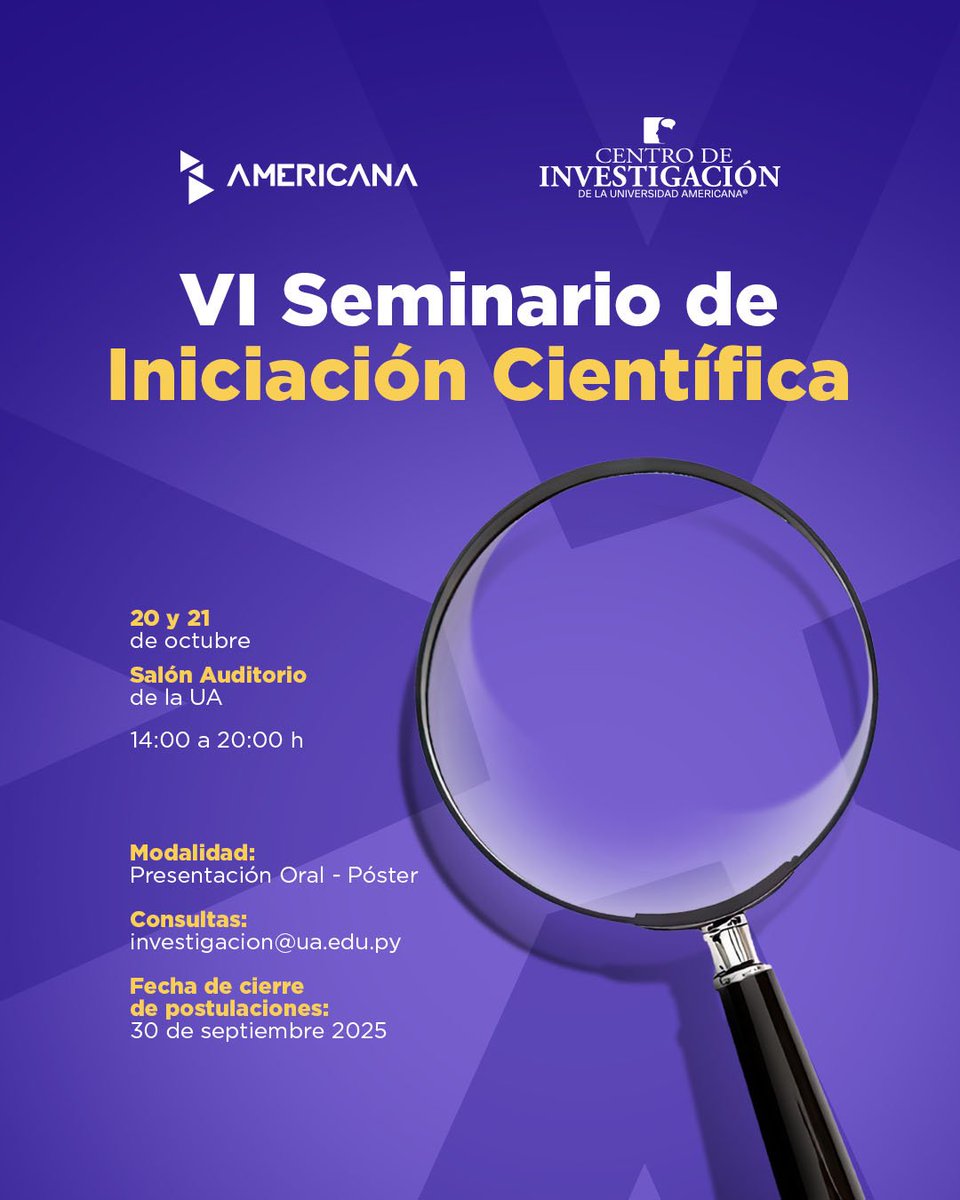 Creemos que la investigación es el primer paso para transformar la realidad.​
Sumate al VI Seminario de Iniciación Científica en la Universidad Americana y mostrá al mundo tus ideas. 🥸👨🏻‍🔬​
Postulá tu artículo en forms.gle/3L2AV5N2k38jZs…