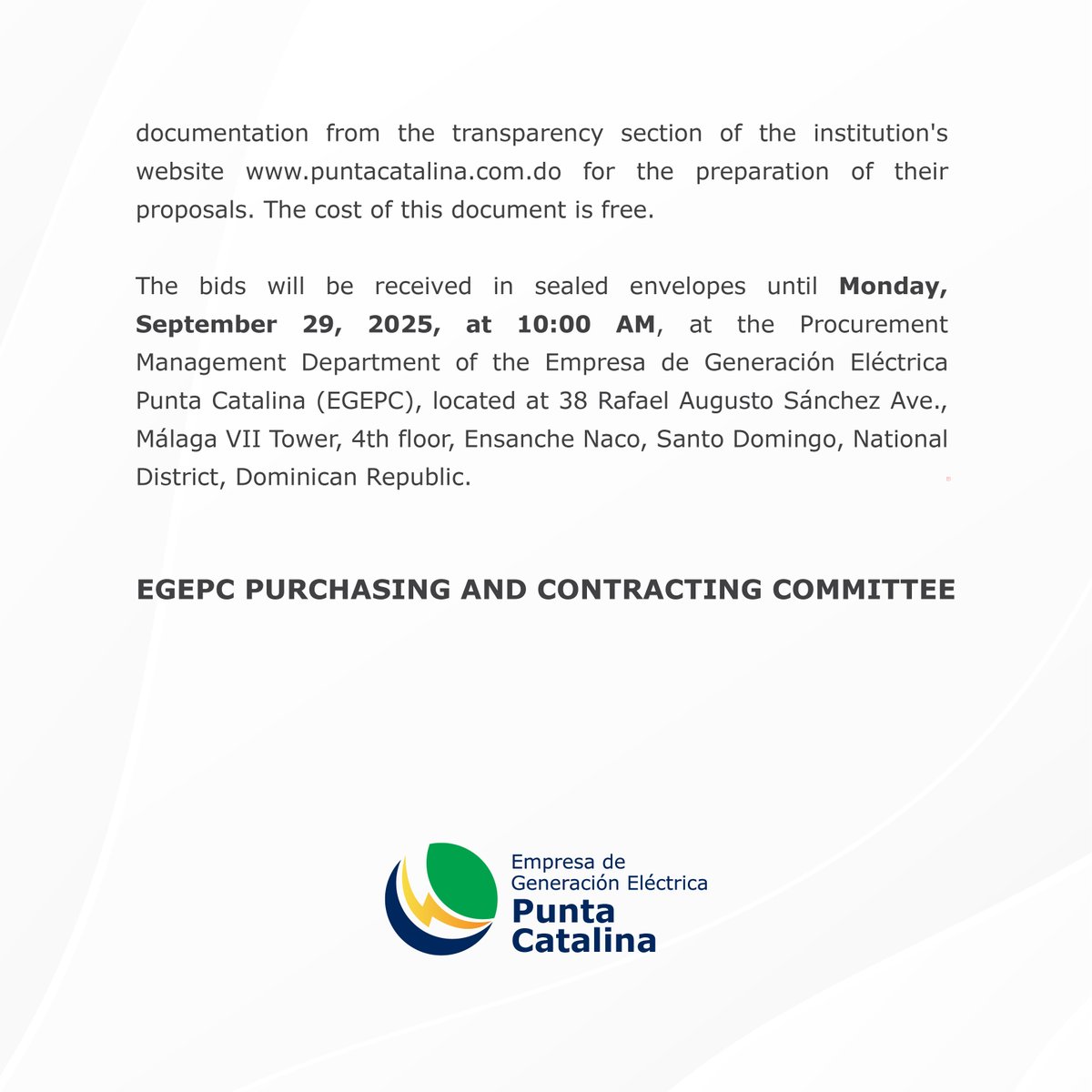📢 Reverse auction invitation for the acquisition of mineral coal for the Central Termoeléctrica Punta Catalina.

🔗More information: ow.ly/8NNe50WHRfP

#PuntaCatalina #EGEPC #CTPC