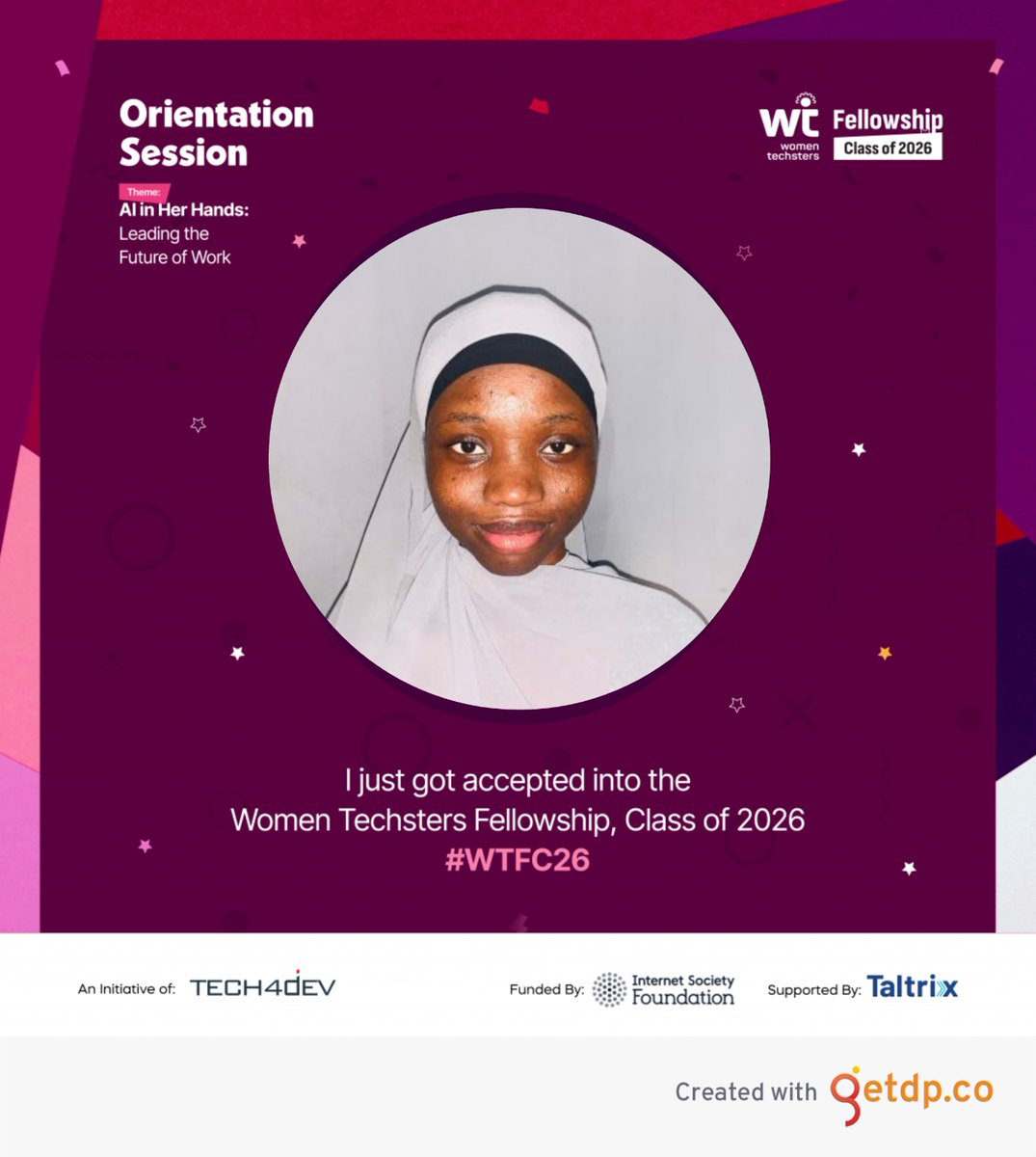 ThisisAliyahhh's tweet image. I am excited to announce my acceptance into the Women Techsters Fellowship Program, Class of 2026 . Today's Day 1 orientation was insightful and inspiring, and I can't wait to kickstart this journey of learning, growth, and impact.
@Tech4DevHQ
#WTFC26 #TechDev #AIForHer #Day1