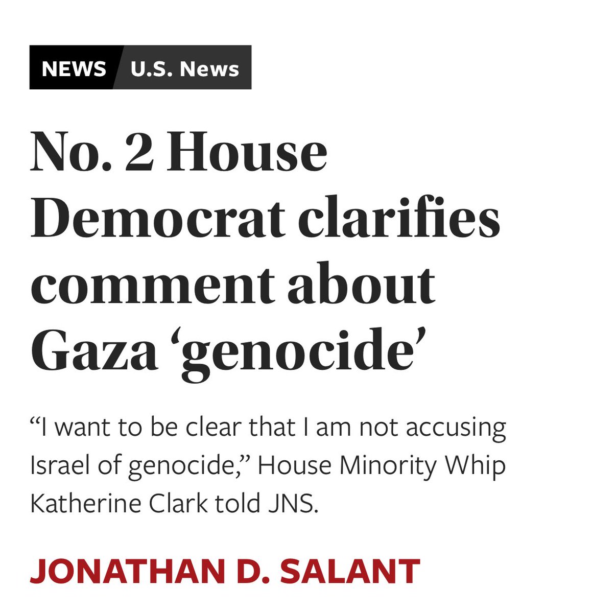 NEW — Days after saying we have to “take action” to stop the “starvation, and genocide, and destruction of Gaza,” top Democrat Katherine Clark BACKTRACKS, says she wants to be “clear that I am not accusing Israel of genocide.”