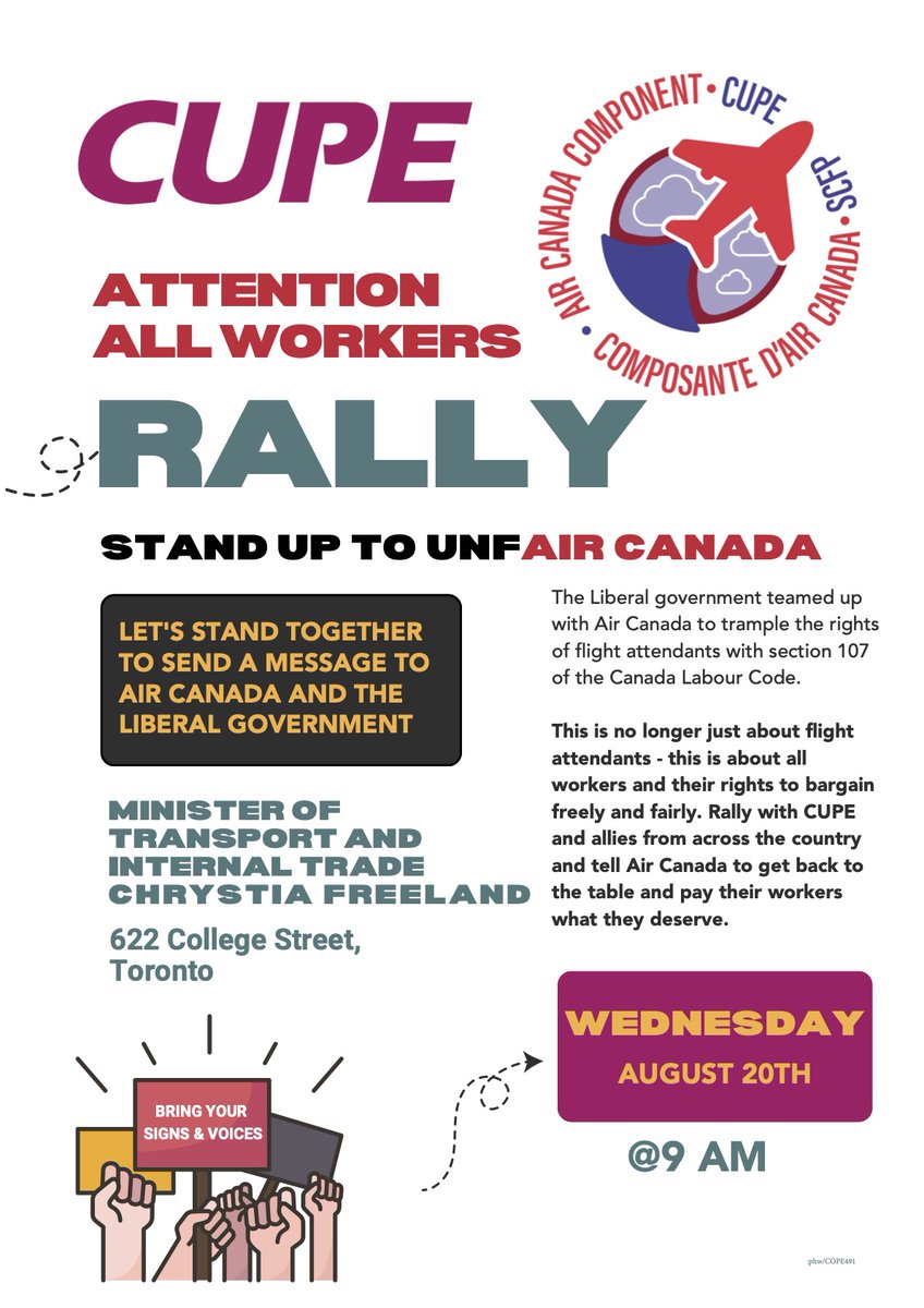 ✊ OSBCU Education workers know what happens when governments try to silence workers. Now Air Canada flight attendants are under attack under. This fight is about every worker’s right to bargain freely &amp; fairly.
📍 Aug 20 at 9AM at 622 College Street
#UnFairCanada #WorkersUnited